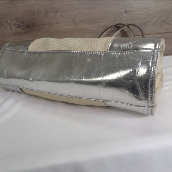 Tory Burch Small Ella Natural Canvas Silver Leather Trim Tote Bag Purse - Picture 5 of 8